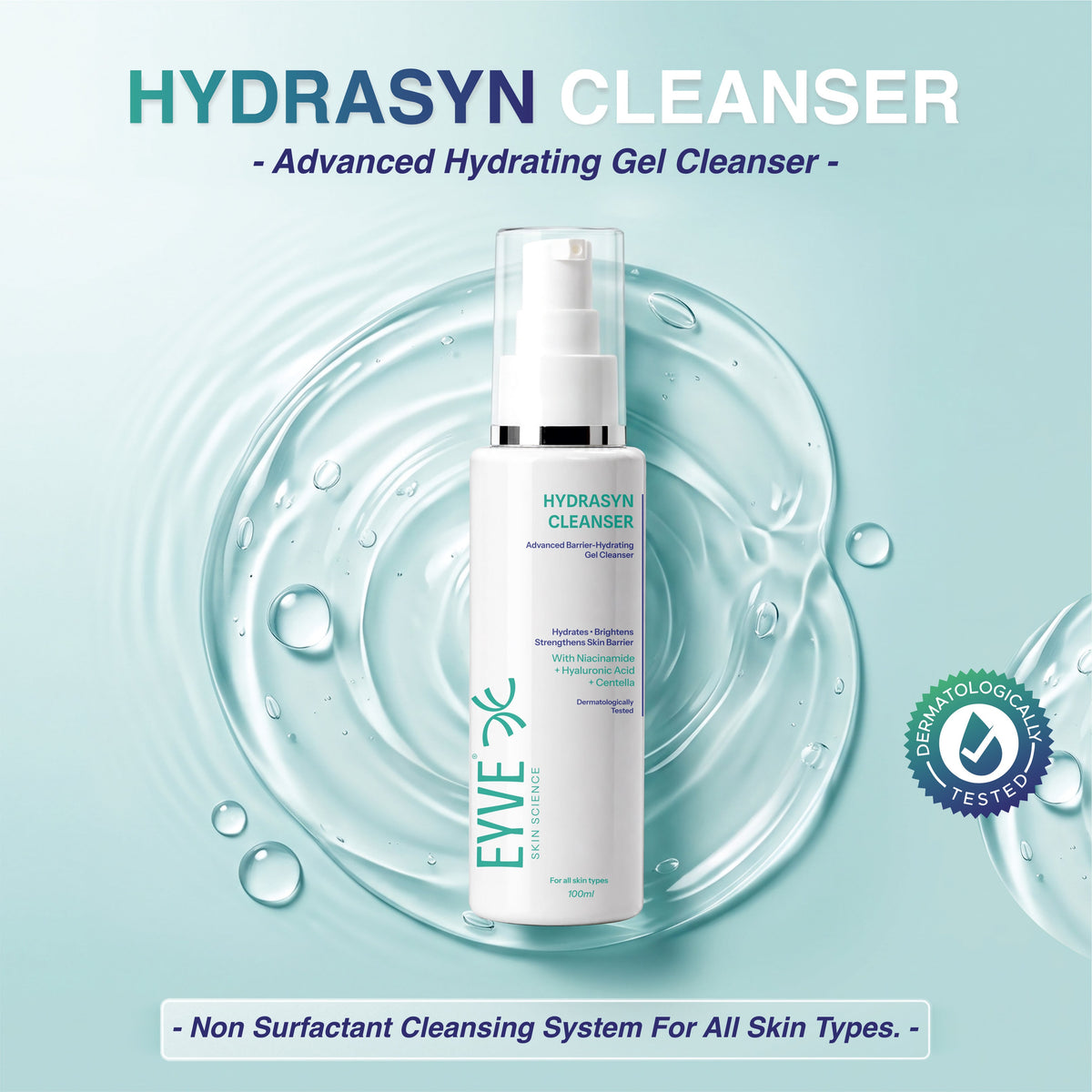 EYVE HYDRASYN hydrating gel cleanser water and formula artwork